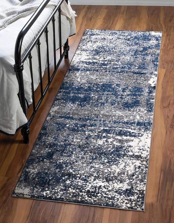 Keen Home Design Area Runner Rugs - 2x8 Non-Shedding, Abstract Runner for Kitchen, Living Room, Bedroom, Dining Room, Entryway - Size: 2'8" x 7'7", Navy/Grey/White