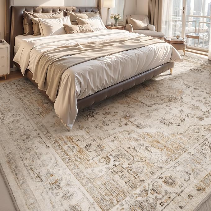 AMOAMI-4X6 Area Rugs for Living Room -Soft Vintage Bedroom Rugs-Non Slip Washable Rug-Throw for Living Room Bedroom Bedside Dining Room Office Beige