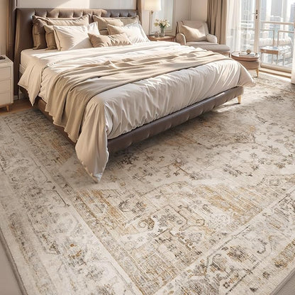 AMOAMI-6FT Round Rug-Rugs for Living Room-Vintage Soft Beige Rugs for Bedroom-Non Slip Circle Rug-Machine Washable Rug for Dining Room Living Room Bedroom Office Under Table