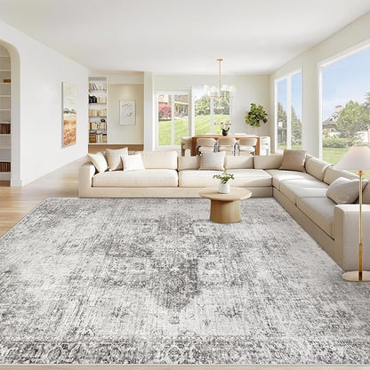 Area Rug 10x14 Washable Rug, Vintage Boho Medallion Rugs Non-Slip Soft Low Pile Large Distressed Rug Indoor Retro Carpet for Living Room Bedroom Dining Room Home Office (Grey, 10'x14')