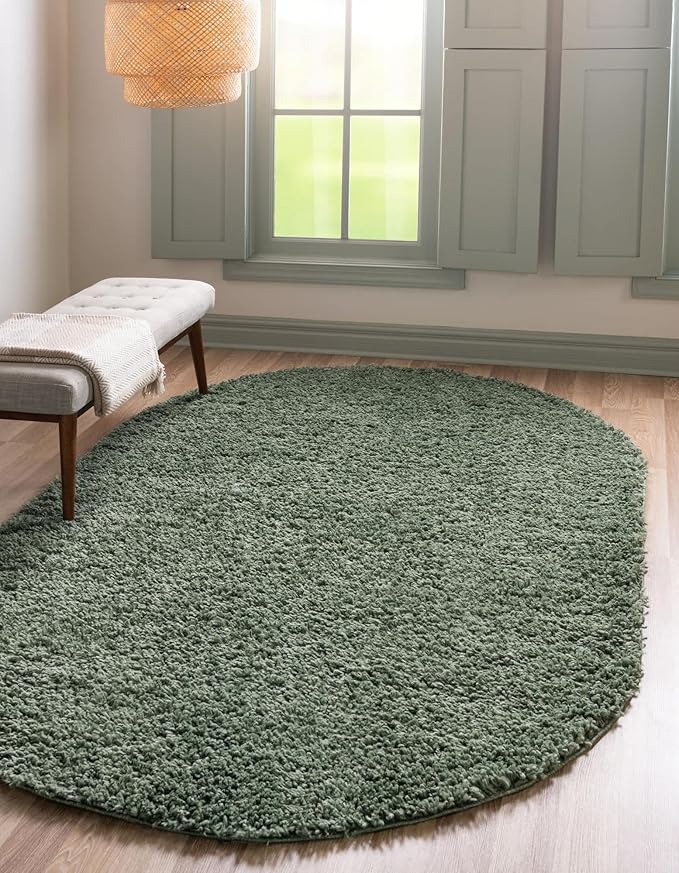 Unique Loom Davos Shag Collection Area Rug - Solid (5' 3" x 8' Oval, Sage)