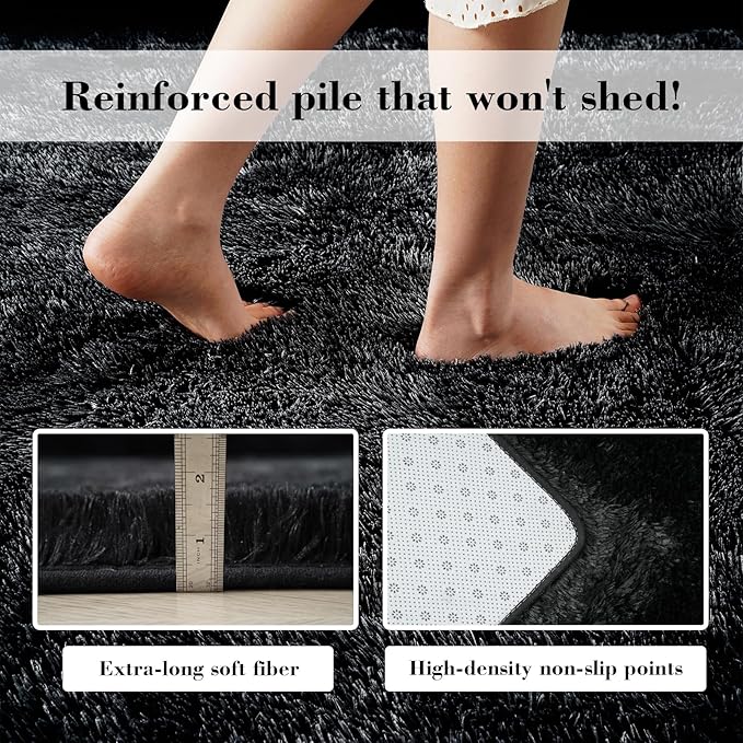 Fluffy Rug Shaggy Area Rug, Black 9x12 Area Rugs for Living Room, Large Shag Area Rugs for Bedroom Kids Room Home Decor, Upgrade Anti-Skid Rectangular Fuzzy Rugs
