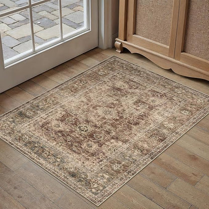 2x3 Washable Area Rug for Entryway Rust Vintage Non-Slip Low Pile Distressed Rustic Carpet Lightweight Vacuumable Inoor Door Mat Soft Small Throw Rug for Entrance Bathroom