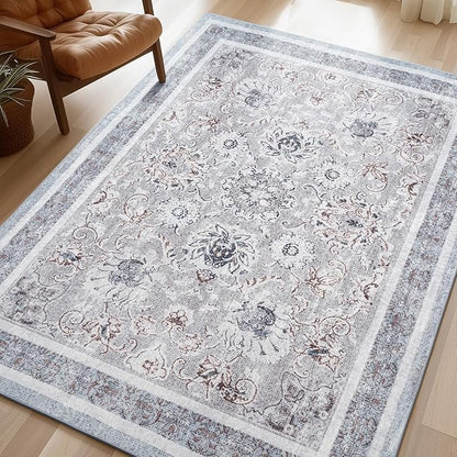 Phantoscope Washable Area Rug 9'x12' Non-Slip, Vintage Neutral Rugs for Living Room, Bedroom, Dining Room, Distressed Boho Floral Medallion Pattern, Low-Pile Foldable Floor Carpet, Light Grey/Neutral