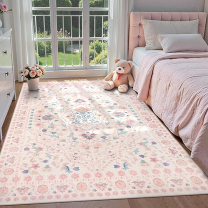 Wonnitar Floral 5x7 Washable Nursery Rug, Pink Rugs for Bedroom Girls, Boho Ultra-Thin Soft Non Slip Floor Carpet for Dorm Living Room Playroom Home Decor, Pastel Pink
