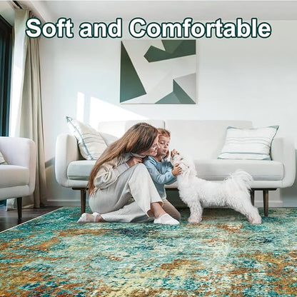 Washable Area Rugs for Living Room 9x12 - Large Neutral Modern Abstract Rug, Soft Low Pile Carpet with Non Slip Backing for Under Dining Room Table, Bedroom, Home, Office, Dorm - Teal Brick