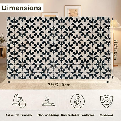 Black Beige Vintage Washable 5x7 Area Rugs for Living Room, Thin Low Pile Contemporary Carpet, Non-Slip Base Lightweight Rug