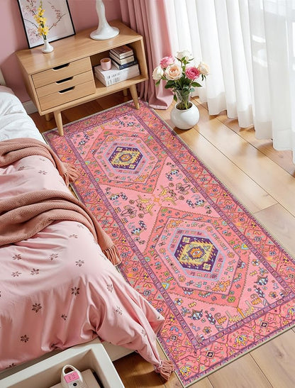 SERISSA Washable Kitchen Runner Rug, 2x5 Non-Slip Fuchsia Pink Runner Rugs for Hallway, Ultra Soft Cute Boho Aesthetic Low-Pile Floor Carpet for Bedroom Bathroom Laundry Living Room