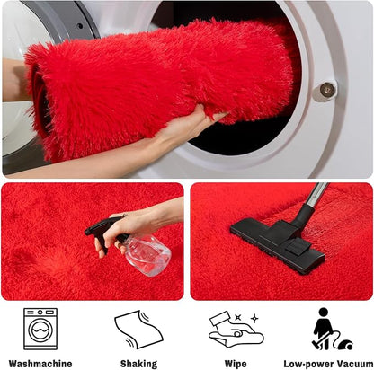 Soft Fluffy Area Rug for Bedroom, Red Fuzzy Shaggy Oval Throw Rugs for Bedside, Non-Slip Cozy Plush Shag Carpet for Kids Room Dorm Nursery Living Room, 2.6 x 5.3 Feet