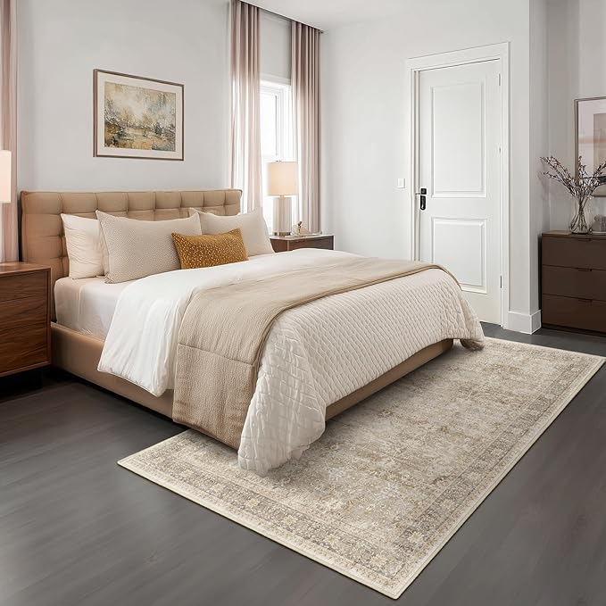 Washable Neutral 5x8 Area Rugs, Vintage Farmhouse Earth Tone Beige Taupe Carpet for Living Room Bedroom, Low Pile Thin Rug with Non Slip Rubber Backing for Dining Room Nursery Home Office