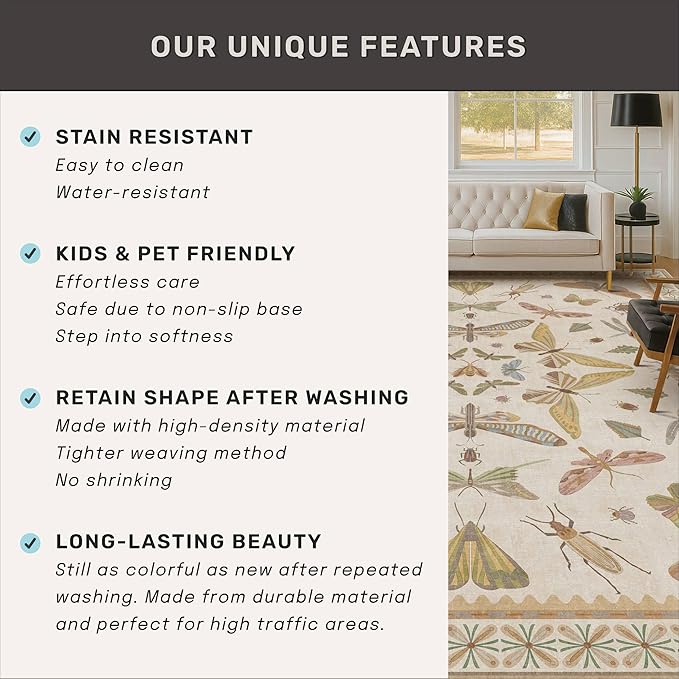 Boho 2x5 Long Bathroom Rug - Laundry Room Rug Runner for Kitchen, Washable Non Slip Soft Stain Reistant Beige and Yellow Neutral Insect Design Decor