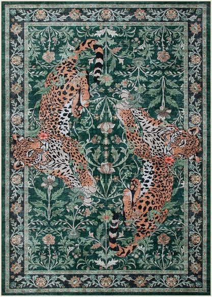 Moynesa Leopard 5x7 Area Rug, Boho Washable Living Room Rug, Non Slip Rugs for Bedroom, Ultra Thin Soft Animal Print Throw Floor Carpet for Office Dining Room, Green