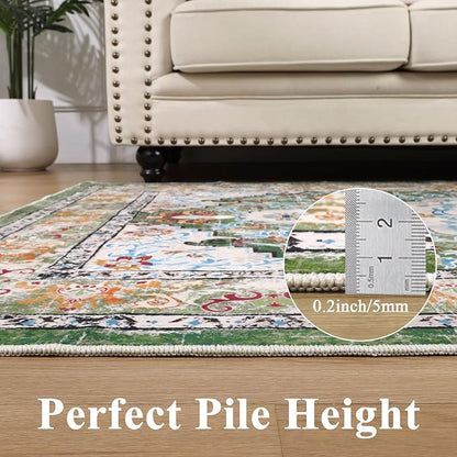 U'Artlines Boho Vintage Area Rug 8x10 Machine Washable Low Pile Soft Floor Carpet Non Slip Non Shedding Accent Rug for Living Room Bedroom Entryway Dining Room Office Green