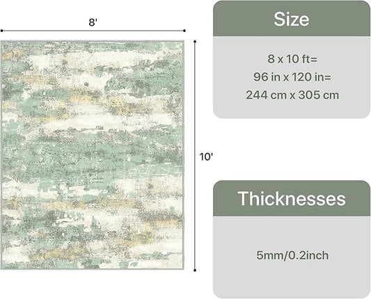 8x10 Area Rugs Washable Green Rug for Living Room Bedroom, Abstract Modern Large Rug Non Slip, Water Repellent Low Pile Soft Carpet for Dining Room, Light Green