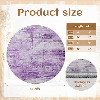 Round 6ft Abstract Rug, Modern Washable Indoor Circle Area Rugs for Living Room, Soft Large Circular Non-Slip Carpet Floor Mat for Bedroom Dining Room Home Office - Abstract Purple