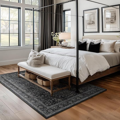Washable Charcoal 5x8 Area Rugs, Vintage Earth Tone Dark Muted Black and Grey Carpet for Living Room Bedroom, Low Pile Thin Rug with Non Slip Rubber Backing for Dining Room Home Office