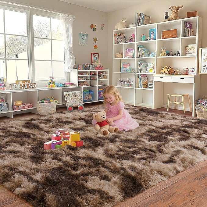 Upgrade Non-Slip Plush Rugs for Living Room, Soft Shaggy Carpets for Living Room, Fuzzy Rugs for Kids' Room, Perfect Decor for Modern Home Tie Dye Coffee 5x7Feet