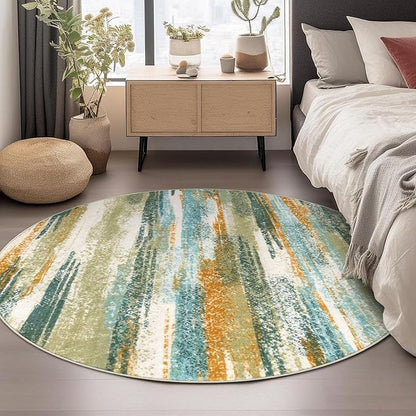 Modern Abstract Round Rug 6Ft, Green Mustard Multi Washable Non-Slip Circle Rug, Soft Circular Dining Room Rug Thin Print Faux Wool Carpet for Bedroom Living Room Office Playroom