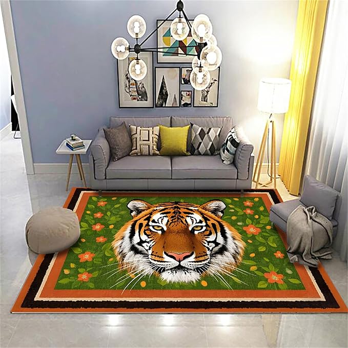 Tiger Print Rug,4x6ft,The Tiger is Surrounded by Orange and Green Floral Patterns. This Rug is Suitable for Boys and Girls' Bedrooms，Anti-Slip Carpet Suitable for Living Room Bedroom Home Decoration