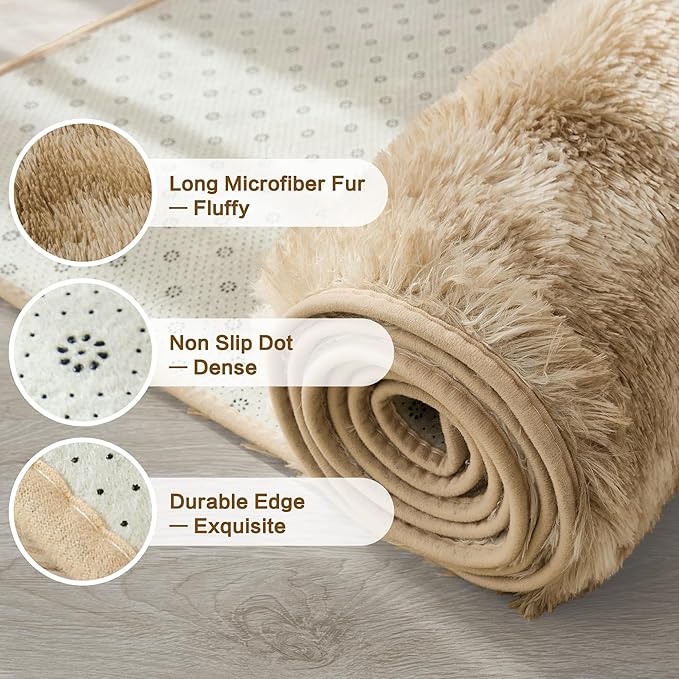 Andency Soft Area Rugs for Living Room Bedroom, 5x8 Fluffy Shaggy Bedside Rug, Non-Slip Large Shag Fuzzy Plush Carpets for Bedroom Kids Dorm Nursery Home Decor Aesthetic, Tie-Dyed Khaki