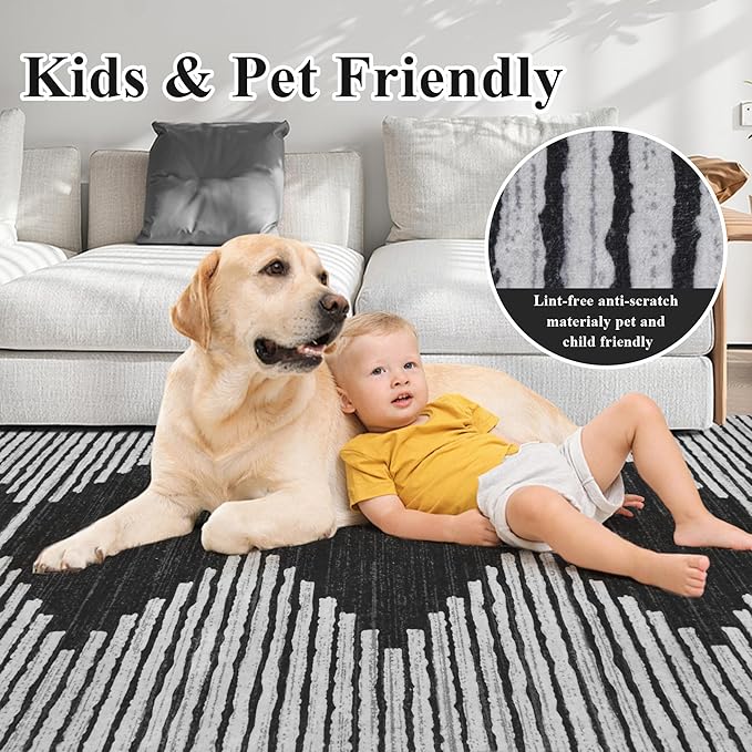 HelloTree Area Rug for Living Room 6x9 Washable Geometric Moroccan Rug Stripe Farmhouse Bohemian Minimalistic Non Slip Non Shedding Ultra Thin Soft Rug for Bedroom Office DiningRoom Nursery-Black