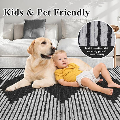 HelloTree Area Rug for Living Room 6x9 Washable Geometric Moroccan Rug Stripe Farmhouse Bohemian Minimalistic Non Slip Non Shedding Ultra Thin Soft Rug for Bedroom Office DiningRoom Nursery-Black