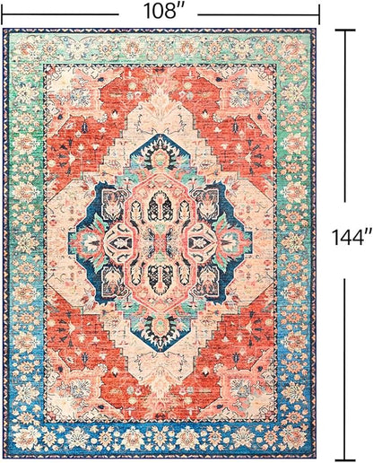 YJ.GWL Area Rugs for Living Room 9x12 Machine Washable Rugs, Non Slip Floral Vintage Rug Indoor Carpet, Stain Resistant Large Rug for Bedroom Dining Room, Red Blue Gradient Color