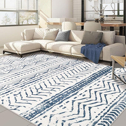 Nakagishi Area Rugs 8x10 Living Room: Washable Boho Large Neutral Soft Farmhouse Rug Stain Resistant Modern Moroccan Non-Slip Indoor Carpet for Bedroom Nursery Kids Playroom Office Dining Room- Navy