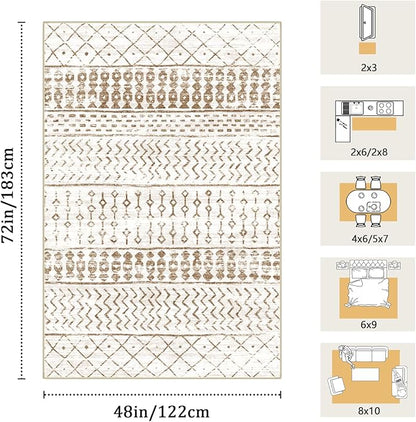 4x6 Machine Washable Area Rug for Living Room, Brown White Vintage Moroccan Rug Large Non-Slip Low Pile Soft Faux Wool Carpet, Kids and Pets Friendly for Bedroom Dining Room Farmhouse Home Decor Rug