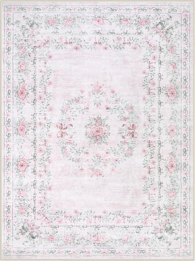 Wonnitar Washable 9x12 Area Rugs, Ultra-Thin Large Area Rug for Living Room, Pink Soft Non Slip Boho Floral Bow Apartment Decor Carpet for Big Bedroom Playroom Nursery Office, Light Pink