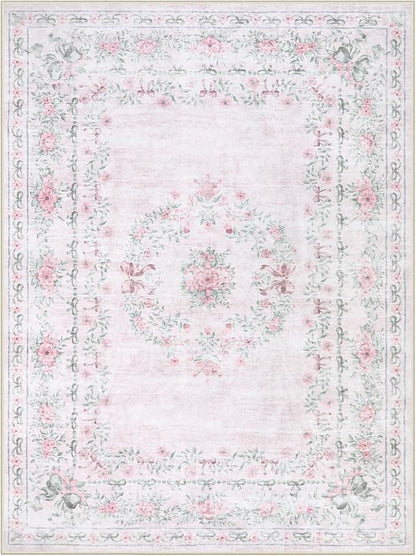Wonnitar Washable 9x12 Area Rugs, Ultra-Thin Large Area Rug for Living Room, Pink Soft Non Slip Boho Floral Bow Apartment Decor Carpet for Big Bedroom Playroom Nursery Office, Light Pink