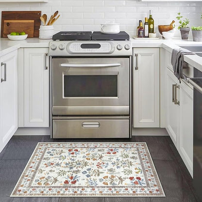 Boho Entryway Rug 2x3 Washable, Ivory Floral Kitchen Rug, Super Thin Faux Wool Small Area Rug, Non-Slip Soft Carpet for Foyer, Bedroom, Office