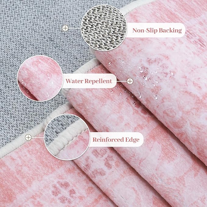 LIVEBOX 8x10 Pink Area Rug for Living Room, Vintage Soft Washable Bedroom Area Rugs, Non-Slip Foldable Floral Rug, Indoor Carpet for Dining Room Nursery Dorm Home Decor