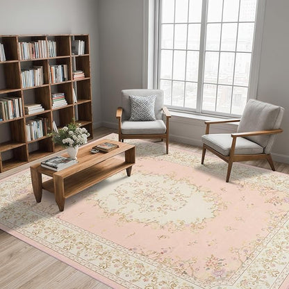 Nursery Rug for Baby Girl, Cute Pink 4x6 Area Rugs for Bedroom Non Slip, Floral Washable Soft Faux Wool Carpet for Living Room Dorm Kids Playroom Office Kids Playroom