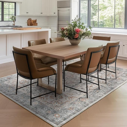 Farmhouse 6x9 Area Rugs for Living Room, Low Pile Thin Washable Non Slip Rugs for Bedroom Dining Room, Distressed Medallion Printed Soft Carpet for Home Office Guest Room, Grey/Orange-Brown