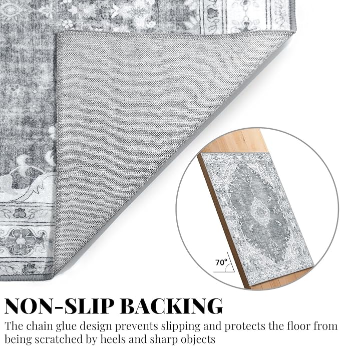 MUJOO Boho Rug 4'x6.5',Grey Area Rugs for Bedroom Living Room Dining Room,Machine Washable Non Slip Carpet Vintage Bohemian Distressed Farmhouse,Floral