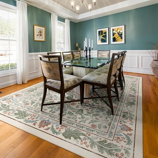 Beige Floral 8x10 Area Rugs for Living Room Large Washable Rug Vintage Forest Low Pile Non Slip Stain Resistance Soft Carpet for Dining Room, Bedroom, Office Rug, Kids Room, Nursery Room, Playroom