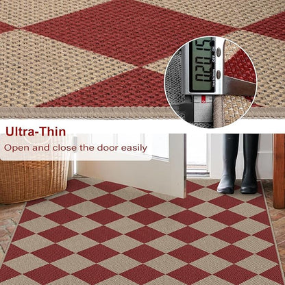 Easy Jute Checkered Christmas Rug, 2x3 Modern Red Xmas Indoor Outdoor Doormat, Washable Non-Slip Neutral Small Kitchen Rug Farmhouse Diamond Throw Rugs for Entrance Bedroom Bathroom