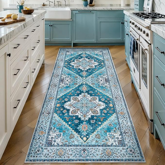 Tangsoo Blue 2x6 Washable Runner Rug for Hallways, Non Slip Vintage Runner Rug, Soft Boho Low Pile Long Rug Runner, Carpet Runners for Kitchen Bedroom Entryway Bathroom Living Room