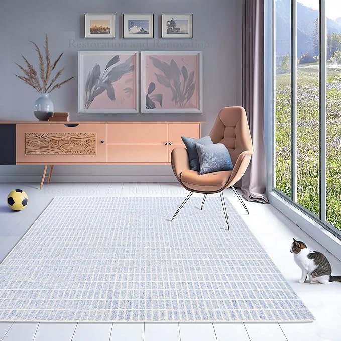 Hand-Tufted 100% Wool Area Rug – Unique Modern Geometric Grid Pattern, Soft Plush Textured Carpet for Living Room, Bedroom, Dining Room & Entryway (Blue, 9' x 12')