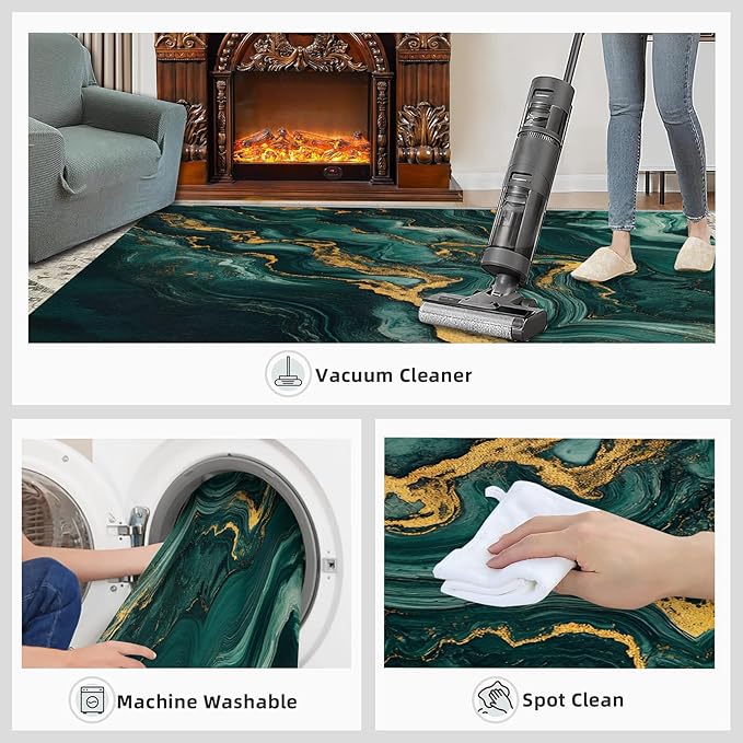 4x5 Abstract Marble Indoor Outdoor Rug - Emerald-Green-Marble Bedside Rug, Luxury Stone Pattern Washable Entry Way Rugs Kids Carpet for Inside House Playroom Living Room End Table Nursery