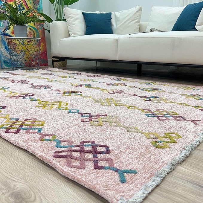Alfa Rich 7x10 Light Pink Washable Area Rugs for Living Room Bedroom Kitchen Girls Decor Cotton Rug