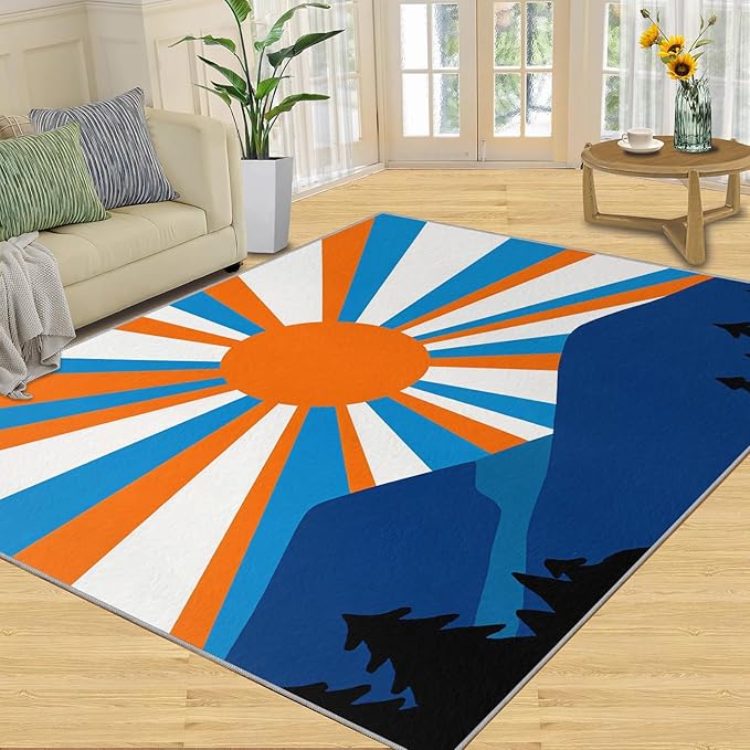 Boho Sun Area Rugs 5x7ft, Abstraction Deco Rugs for Living Room, Minimalist Sunburst Floor Rug Sturdy and Non-Shedding for Bedroom Hardwood Floors Teen Room