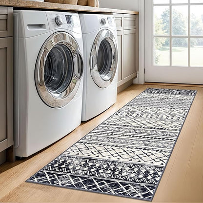 KUTA 2x6 Non-Slip Washable Runners for Hallways,Black Navy Blue Moroccan Boho Distressed Geometric Vintage Kitchen Runner, Ultra Soft Floor Mat for Entryway, Bathroom, Laundry, Living Room, Bedroom