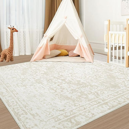 Vintage Living Room Area Rug - 6x9 Large Machine Washable Boho Area Rug Distressed Floral Rugs for Bedroom, Soft Non-Slip Indoor Floor Accent Rugs for Office Dining Room (Cream Beige, 6'x9')