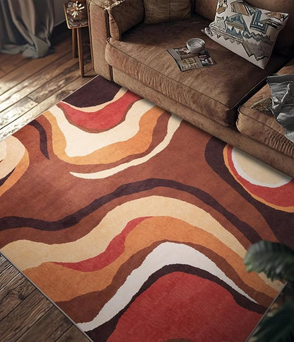 YIHOUSE Burnt Orange Rug 3x5 Washable,Farmhouse Brown Retro Carpets,Geometric Abstract Wavy Rug for Bedroom,Unique Colorful Rugs for Living Room,Dining Room,Bedside Rugs