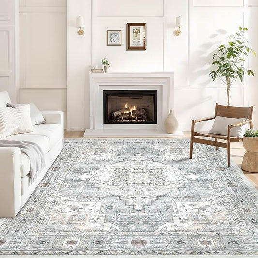 Area Rug 8×10 Washable Rugs for Bedroom, Vintage Floral Rug Soft Non Slip Stain Resistant Carpet for Living Room Dinning Room Kitchen Home Office Blue Green Multi