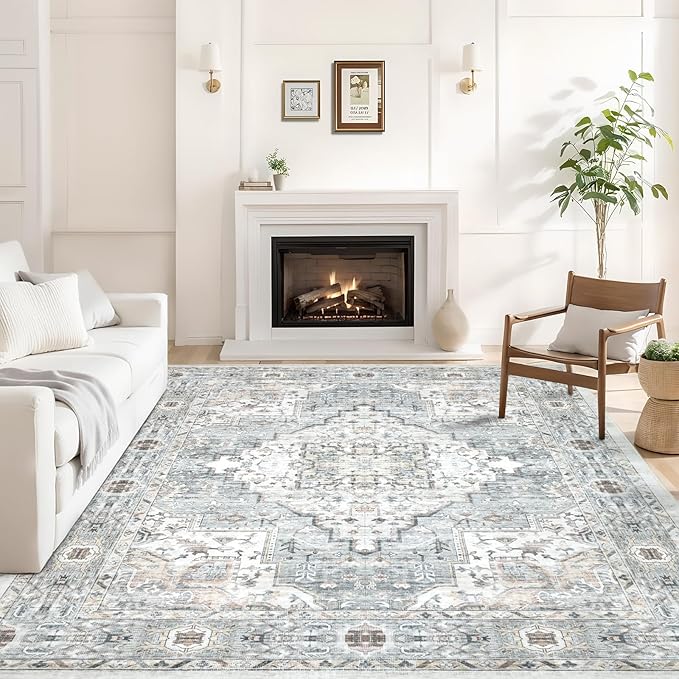 Area Rug 6×9 Washable Rugs for Bedroom, Vintage Floral Rug Soft Non Slip Stain Resistant Carpet for Living Room Dinning Room Kitchen Home Office Blue Green Multi