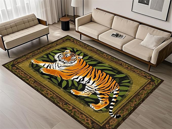 Tiger Area Rug,3x4ft, Tiger Print Rug,Tiger Themed Stylish Rug, Bohemian Vintage Tiger Print Rug, Non-Slip Washable Rug for Living Room Bedroom Dining Room Kids Room Decoration