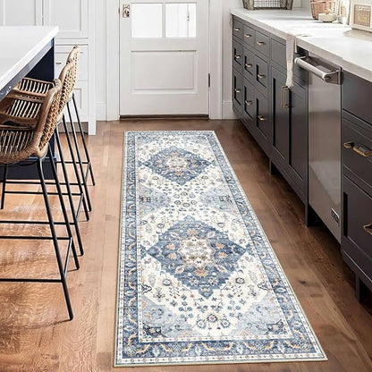 Enkor Runner Rugs for Hallway, 2x6 Washable Soft Non Slip Floor Rugs for Kitchen, Modern Mat for Living Room Bedroom Entryway Blue & White